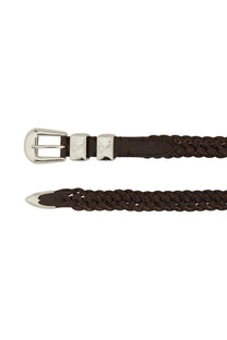 Woburn Walk men’s brown braided leather wing tip ply belt with silver buckle and decorative metal plates