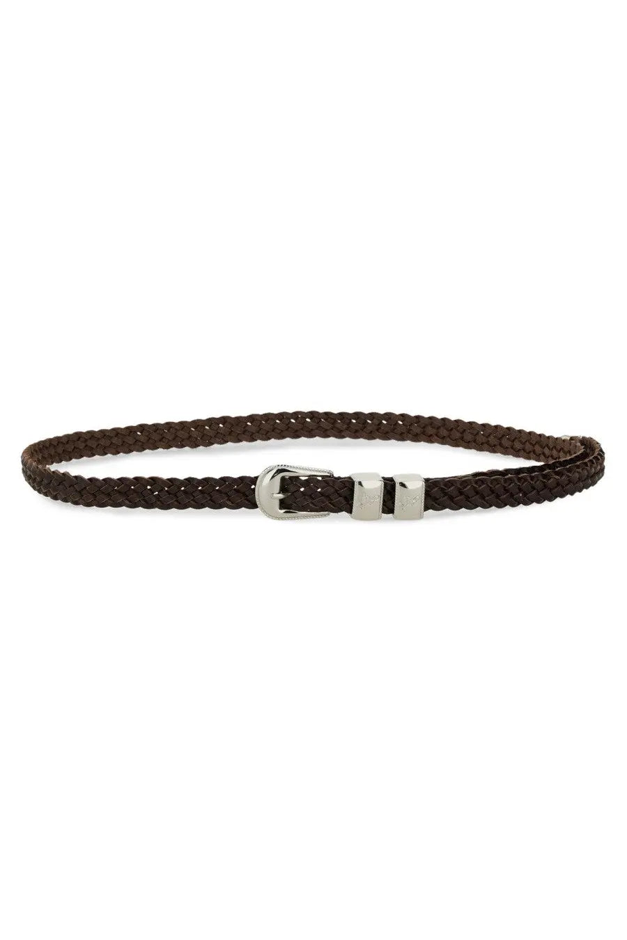 Woburn Walk men’s wing tip ply belt brown featuring braided leather strap and silver-toned buckle with metal keepers