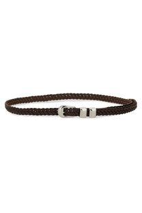 Woburn Walk men’s wing tip ply belt brown featuring braided leather strap and silver-toned buckle with metal keepers