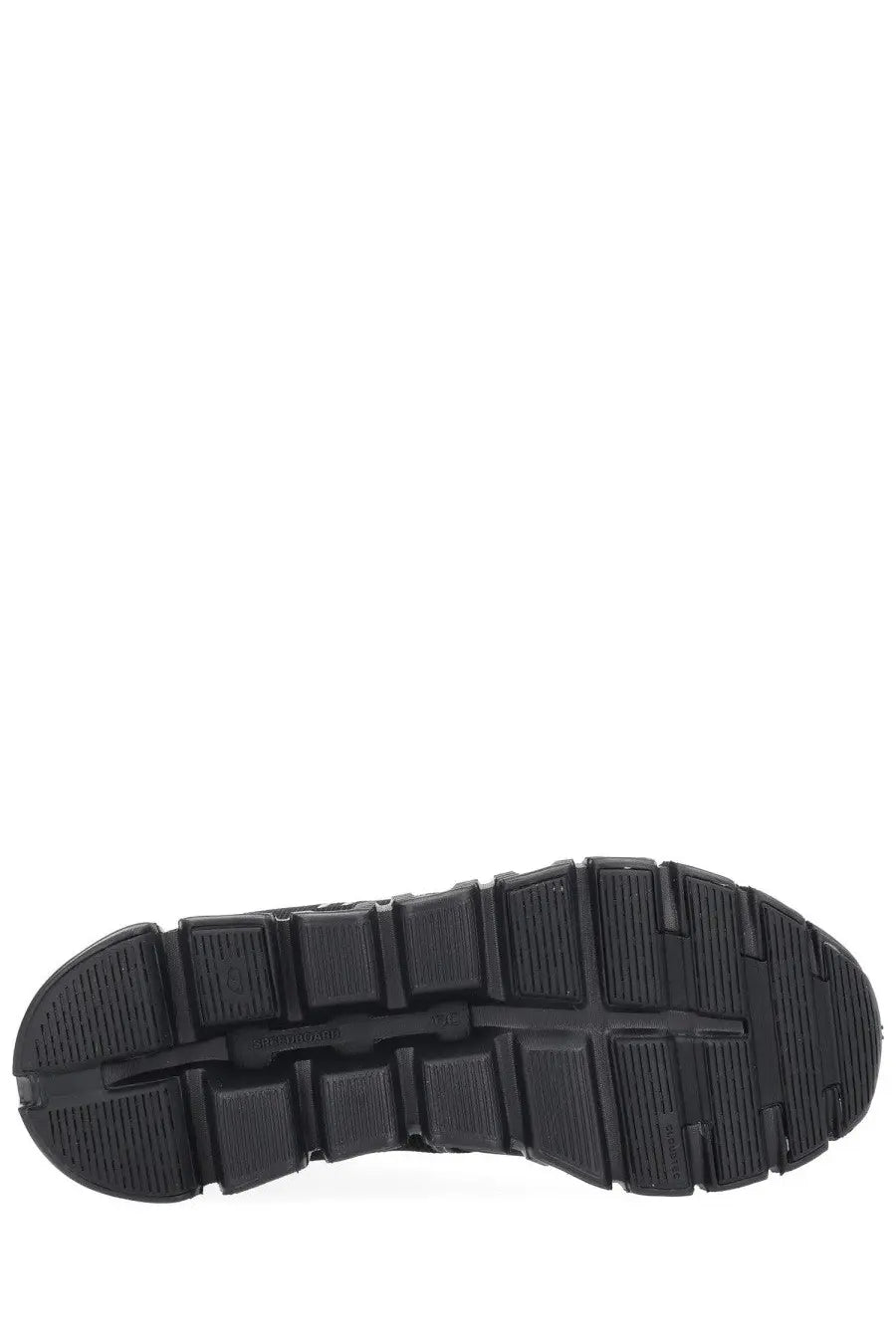 Black rubber sole with textured blocky tread pattern on the back of on women’s cloud sneaker black