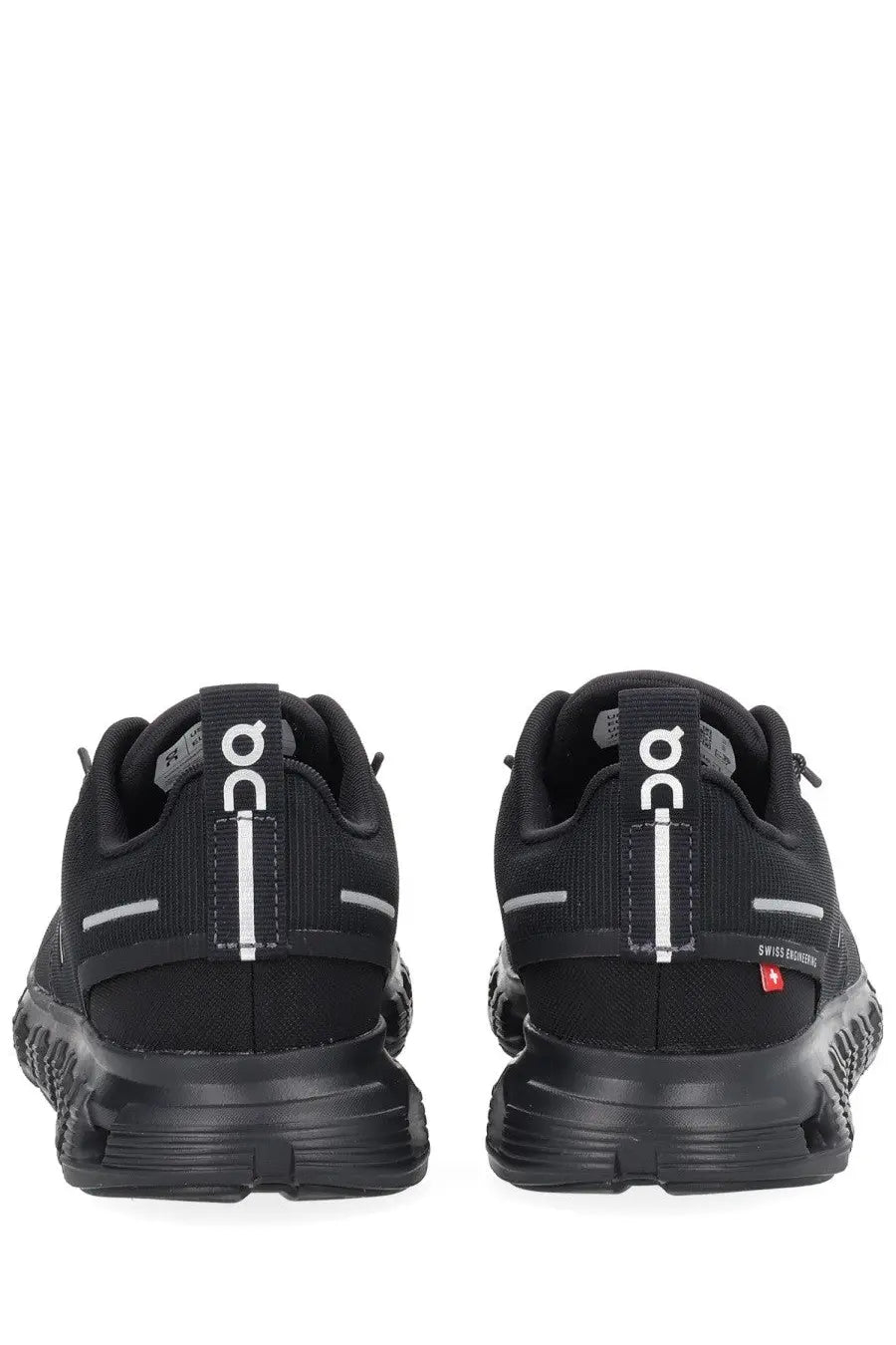 On women’s cloud sneaker black featuring black running shoes with white logo accents and textured rubber sole