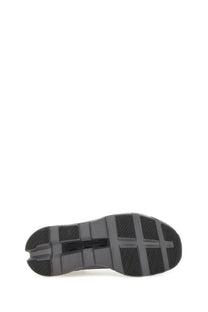 Black rubber sole with textured grid pattern and reinforced heel of on women’s cloudmonster sneaker black shown from back