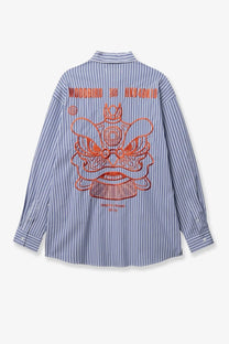 Blue and white striped long-sleeved cotton blend shirt by woodbird featuring orange embroidered chinese lion head on back