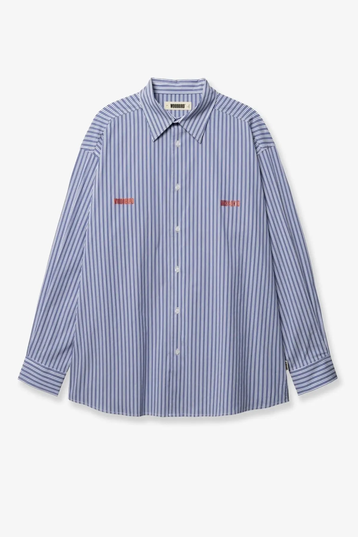 Woodbird men’s brooks lion blue cotton blend shirt with blue and white stripes and red embroidered logos on the chest