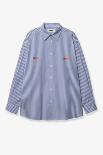 Woodbird men’s brooks lion blue cotton blend shirt with blue and white stripes and red embroidered logos on the chest