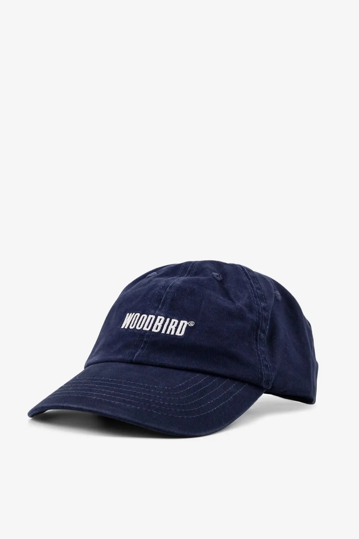 Navy blue woodbird men’s core twill cotton baseball hat with white embroidered logo front and center
