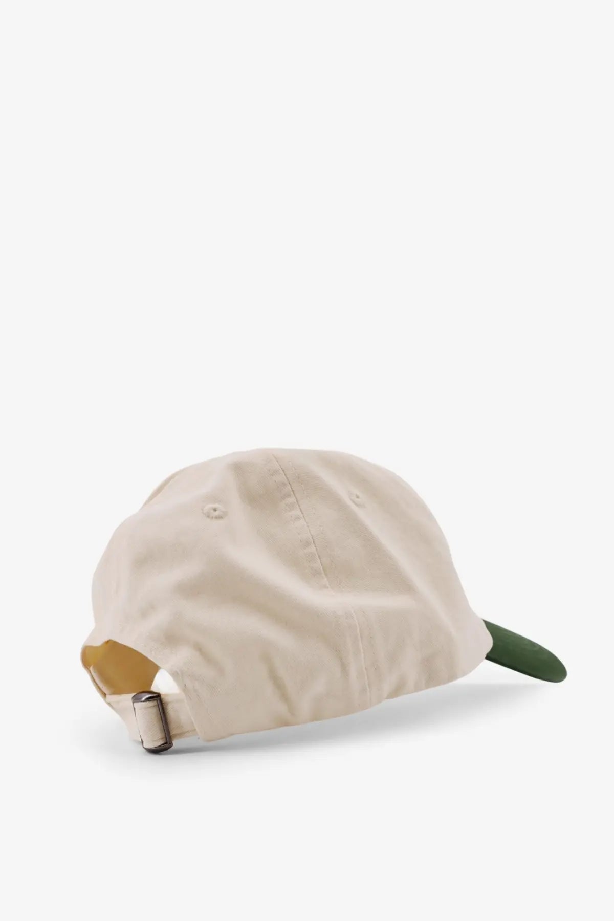Woodbird men’s core twill cotton baseball hat beige with dark green brim and adjustable back strap shown from the back