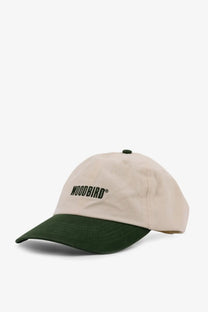Woodbird men’s core twill cotton baseball hat in beige and dark green with black embroidered woodbird logo