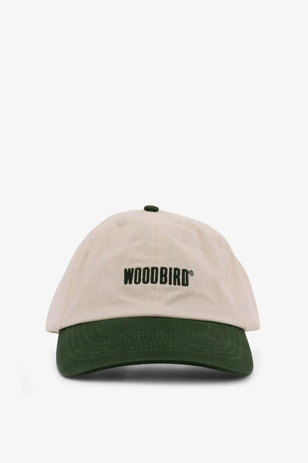 Beige and dark green woodbird men’s core twill cotton baseball hat with black embroidered logo for casual wear