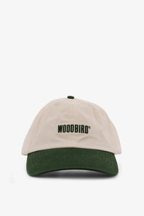 Beige and dark green woodbird men’s core twill cotton baseball hat with black embroidered logo for casual wear