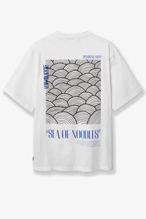 Woodbird men’s white oversized cotton t-shirt with black and blue wave noodle graphic and sea of noodles text