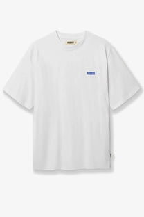 Woodbird men’s white cotton short-sleeved t-shirt with subtle blue woodbird logo embroidered on left chest