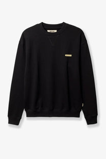 Woodbird men’s black cotton crewneck sweatshirt with subtle gold woodward embroidery and matching neckline tag