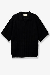 Woodbird men’s cotton sweater black short-sleeved knit polo shirt with textured ribbed fabric and classic collar