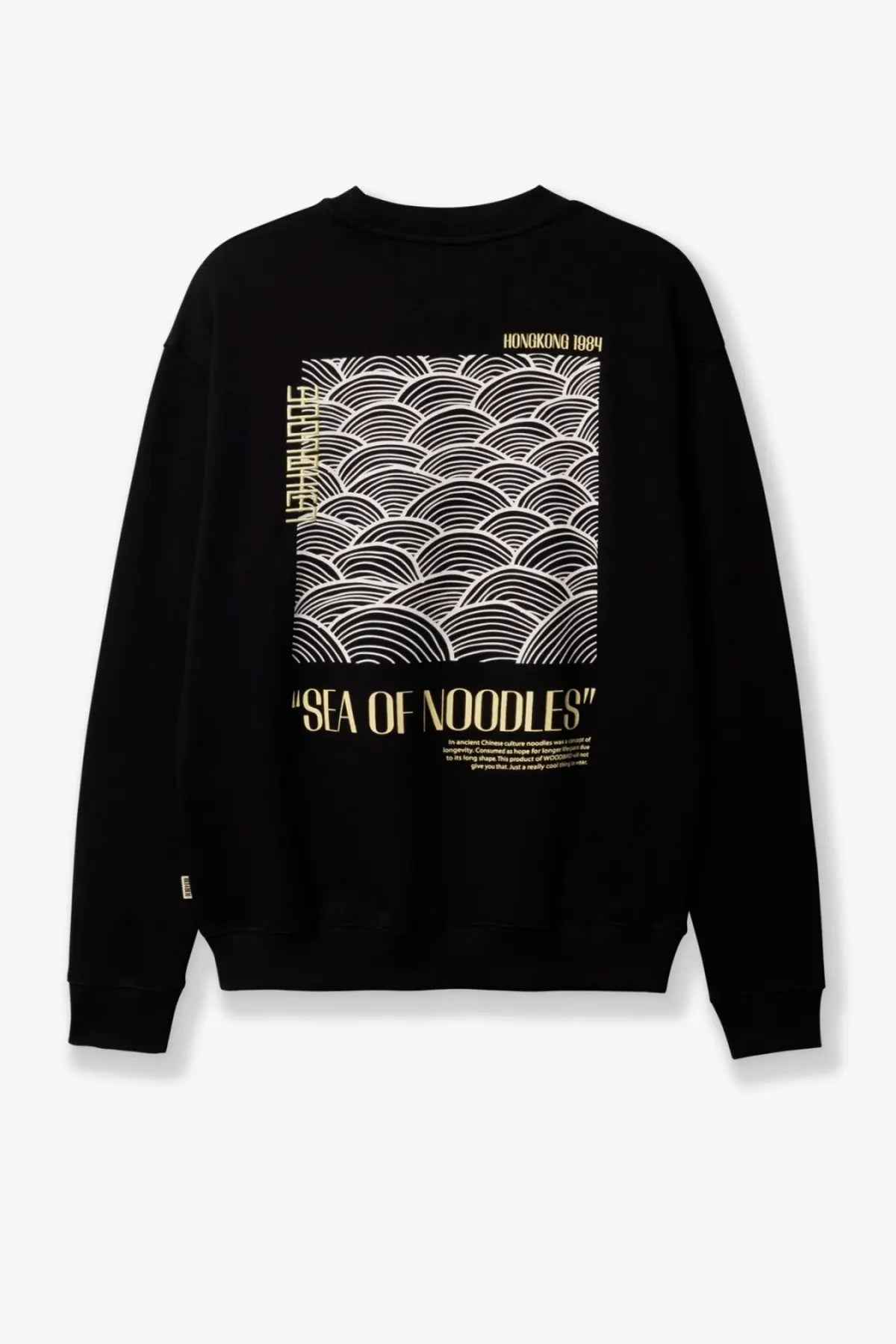 Woodbird men’s black cotton sweatshirt with white and gold wave graphic and hong kong 1844 text on front