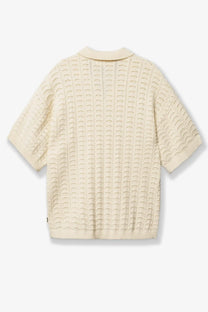Woodbird men’s cotton sweater white cream knitted cardigan with textured wavy pattern and short sleeves front view