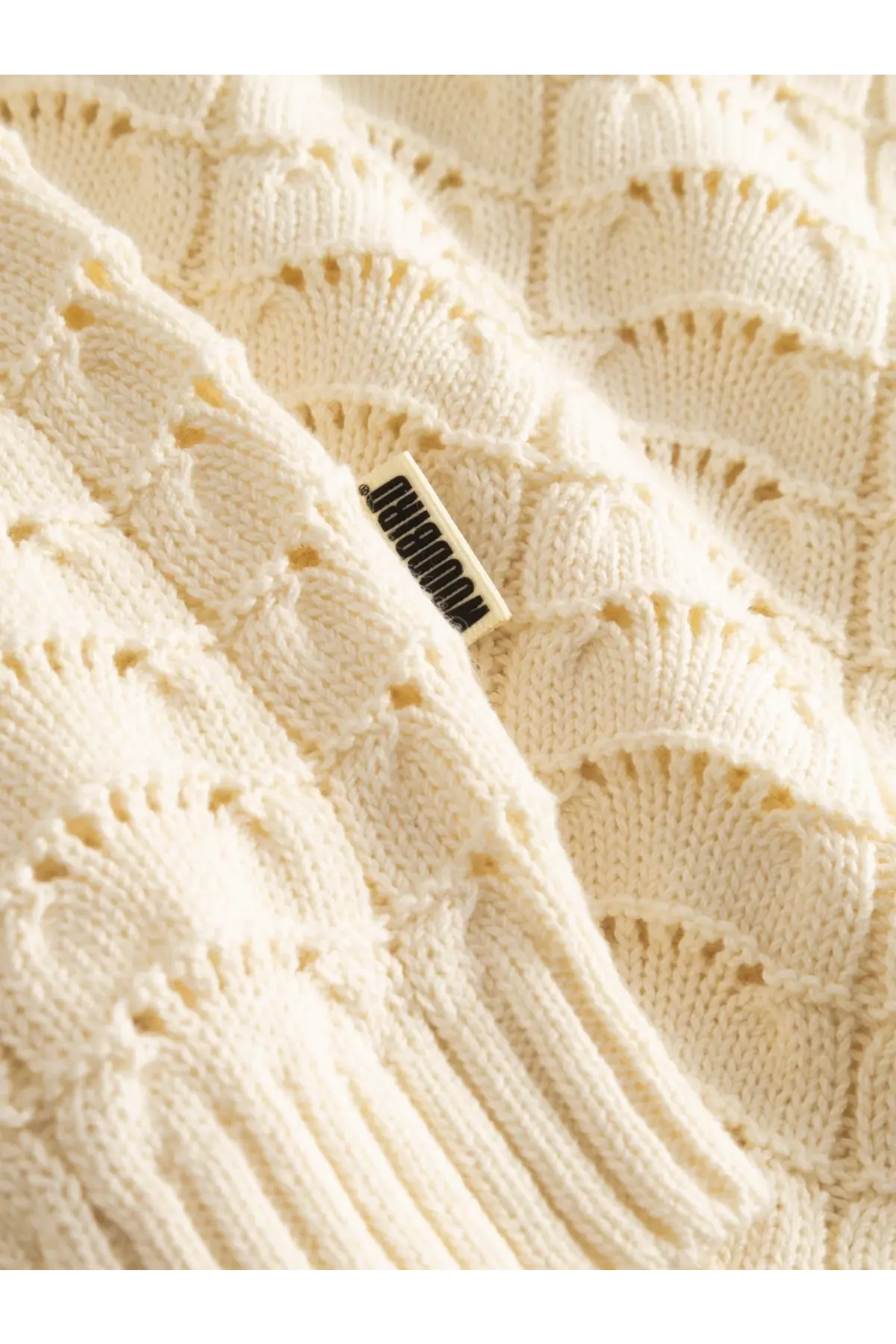 Woodbird men’s cotton sweater white cream-colored knitted with textured scalloped pattern and ribbed edges