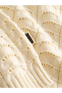 Woodbird men’s cotton sweater white cream-colored knitted with textured scalloped pattern and ribbed edges