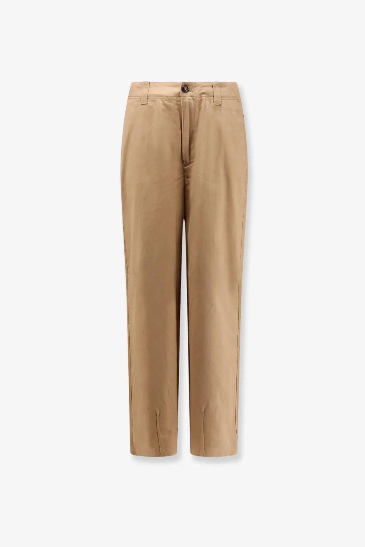 Woodbird men’s denim beige chino trousers with straight-leg cut and single button waist closure