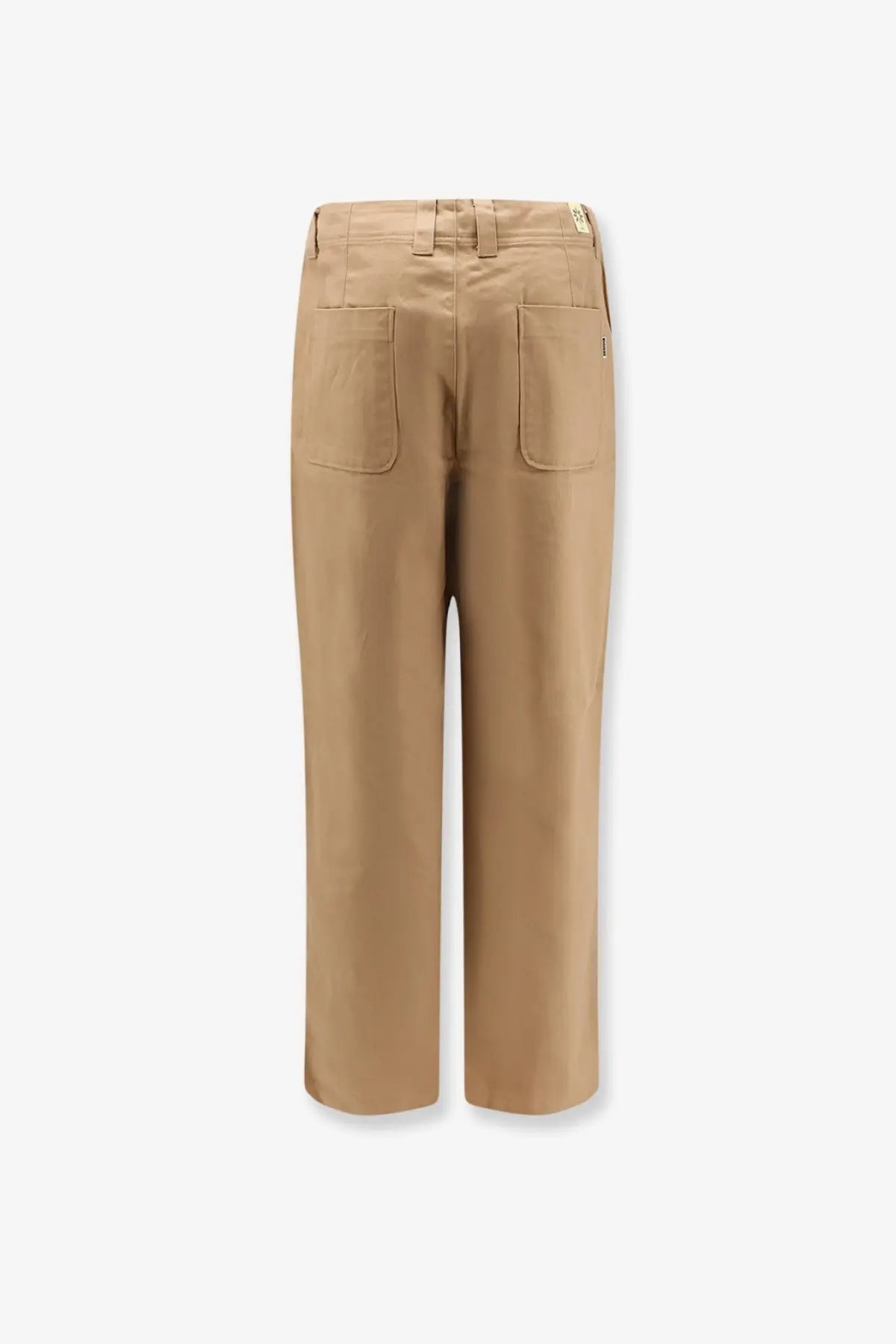 Back view of woodbird men’s beige denim trousers featuring tan wide-leg design with two back pockets and belt loops