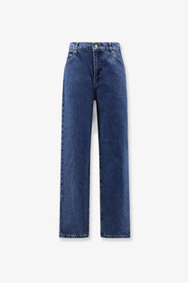 Woodbird men’s leroy blue denim jeans in medium blue high-waisted straight-leg style with classic stitching and button closure