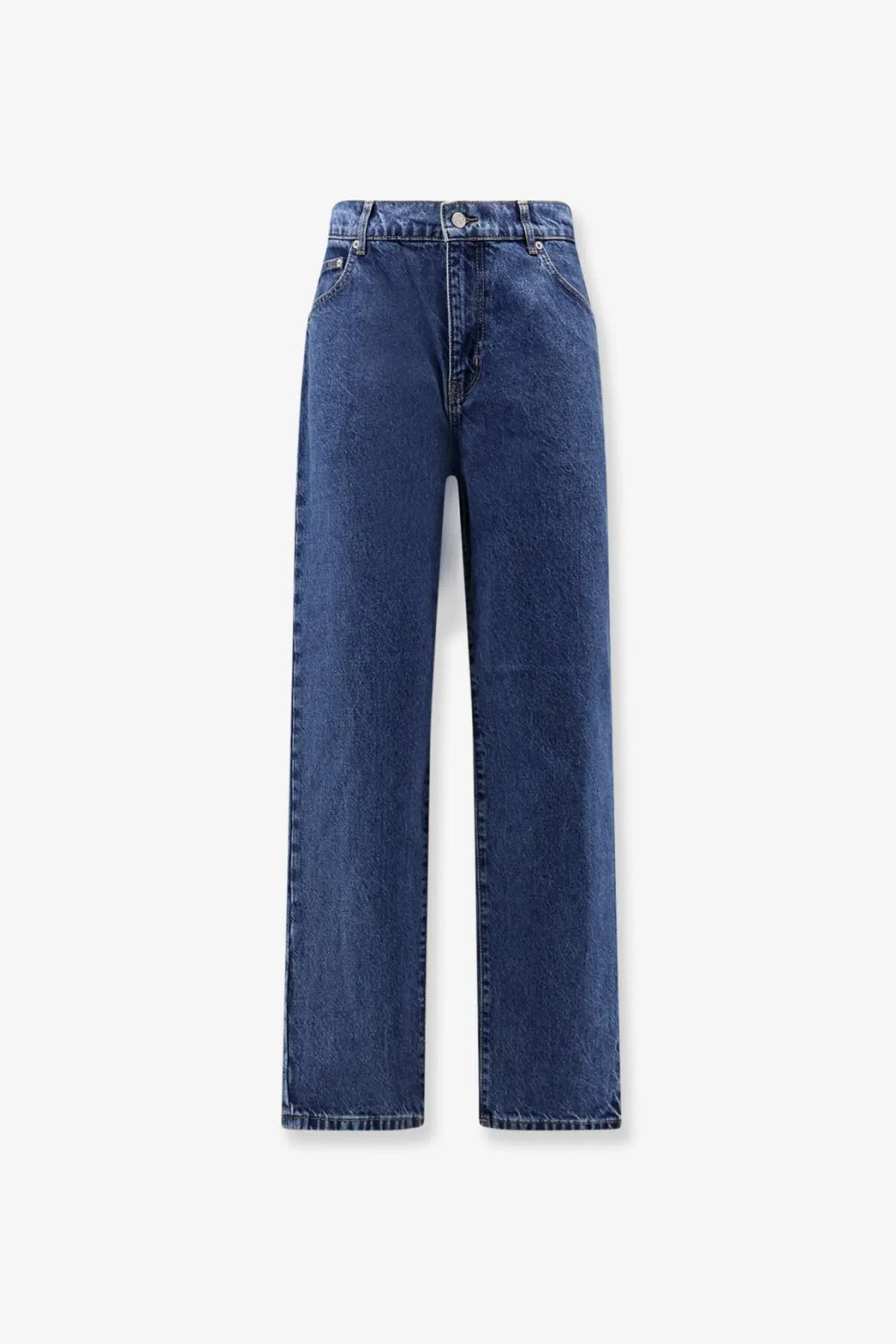 Woodbird men’s leroy blue denim jeans in medium blue high-waisted straight-leg style with classic stitching and button closure