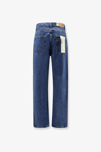 Woodbird men’s leroy blue denim jeans in blue with straight-leg cut and brown leather brand tag at waistband