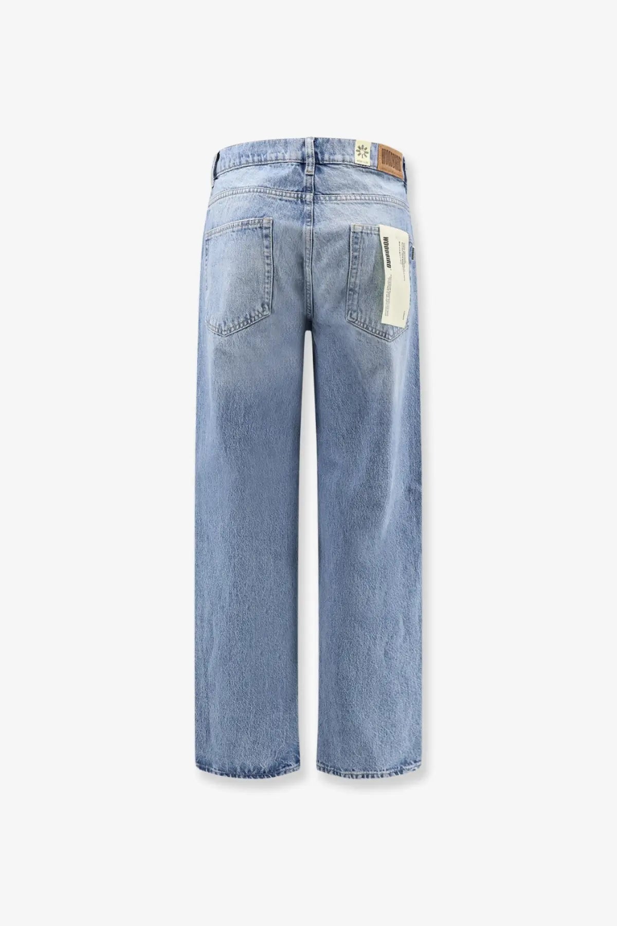 Back view of woodbird men’s leroy denim jeans in light-wash wide-leg style with classic back pockets