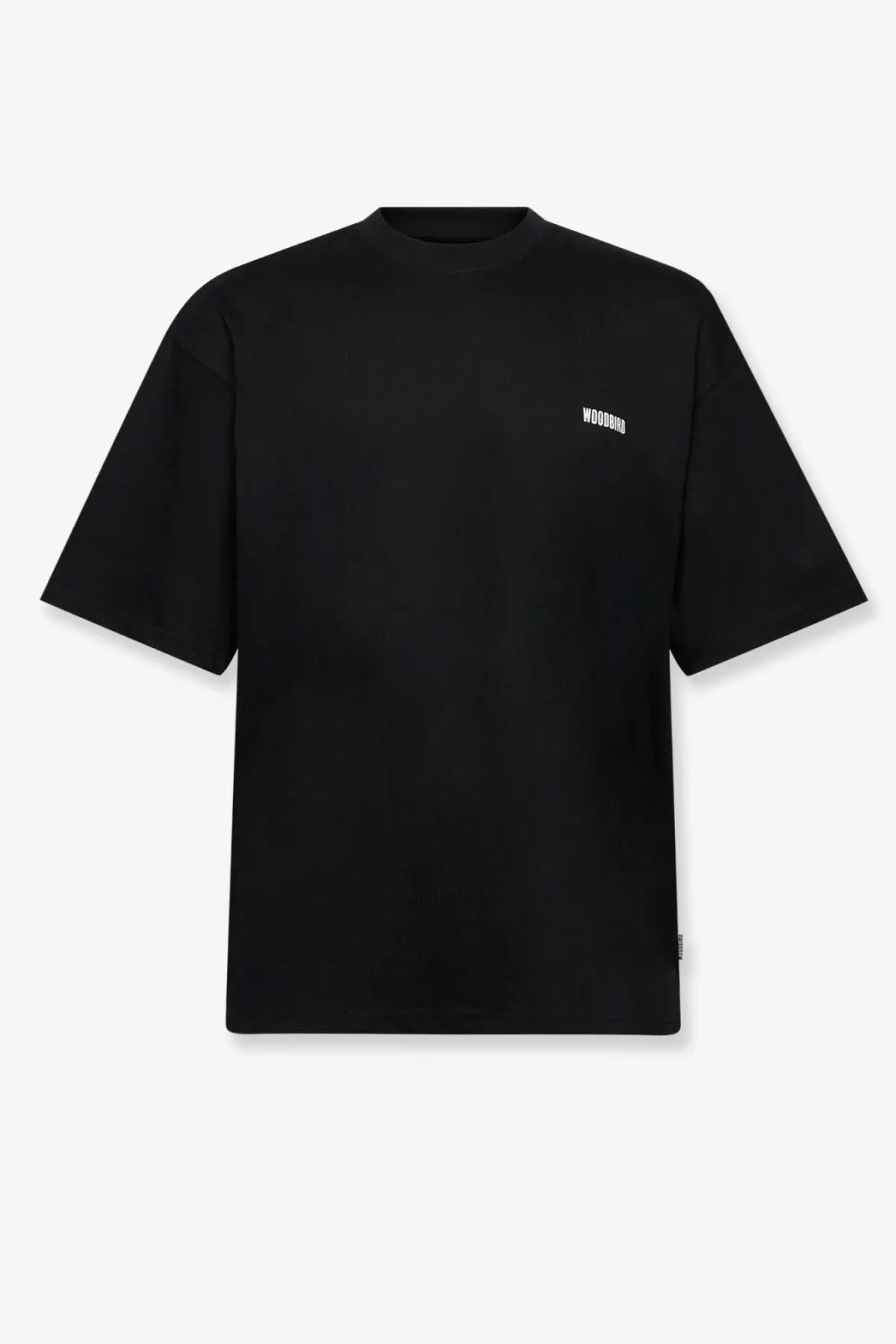 Black oversized crewneck t-shirt with small white woodbird logo on left chest made from organic cotton