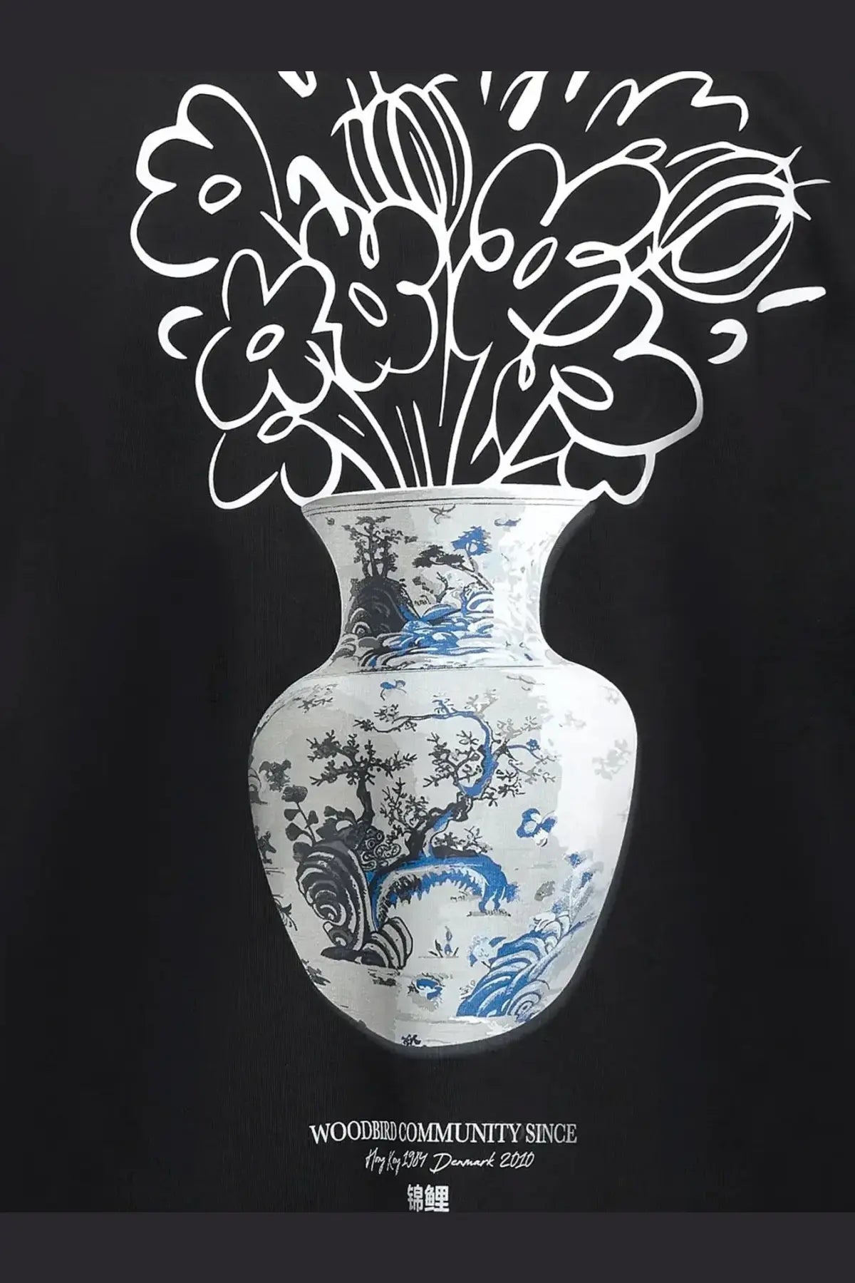 A white ceramic vase with intricate blue and black chinese landscape designs filled with white floral cutouts on a black background