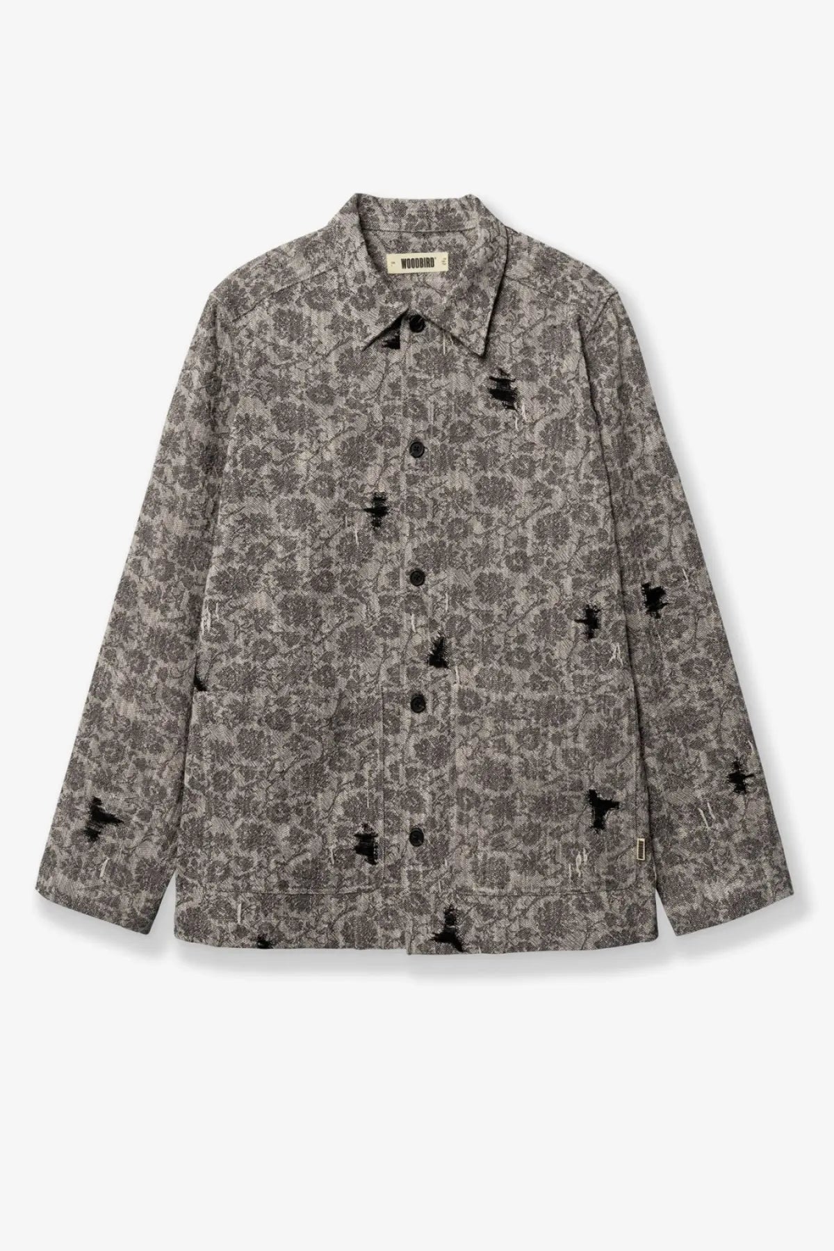 Woodbird men’s shirt jacket black gray floral pattern with black embroidered bird motifs and dark buttons