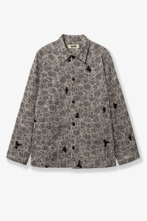 Woodbird men’s shirt jacket black gray floral pattern with black embroidered bird motifs and dark buttons