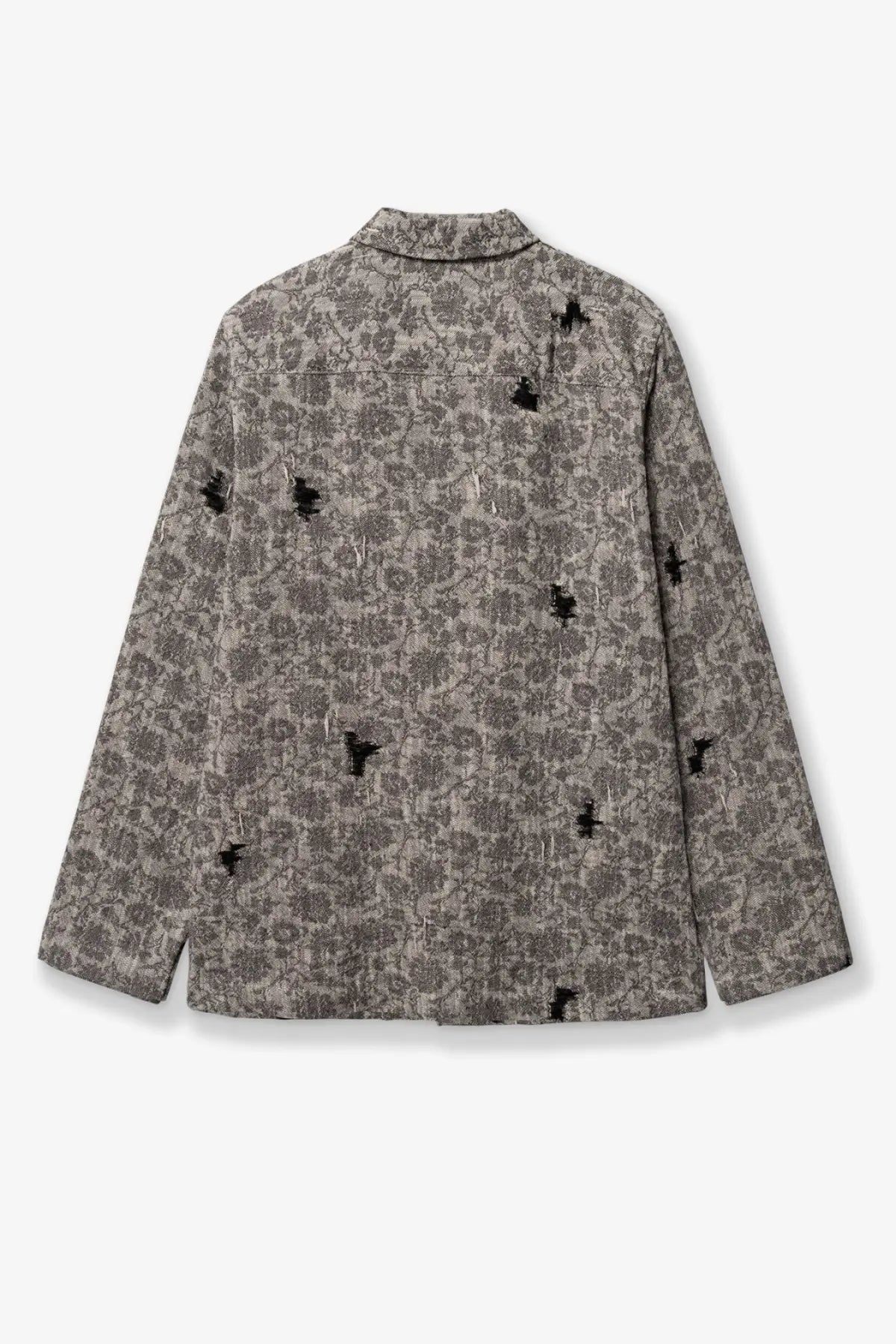 Woodbird men’s shirt jacket in gray patterned fabric with black embroidered bird motifs on the front