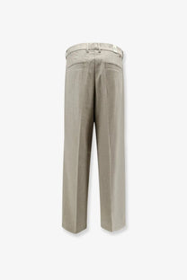 Beige linen woodbird men’s viscose blend trousers with straight leg cut and subtle back pleats showing backside view