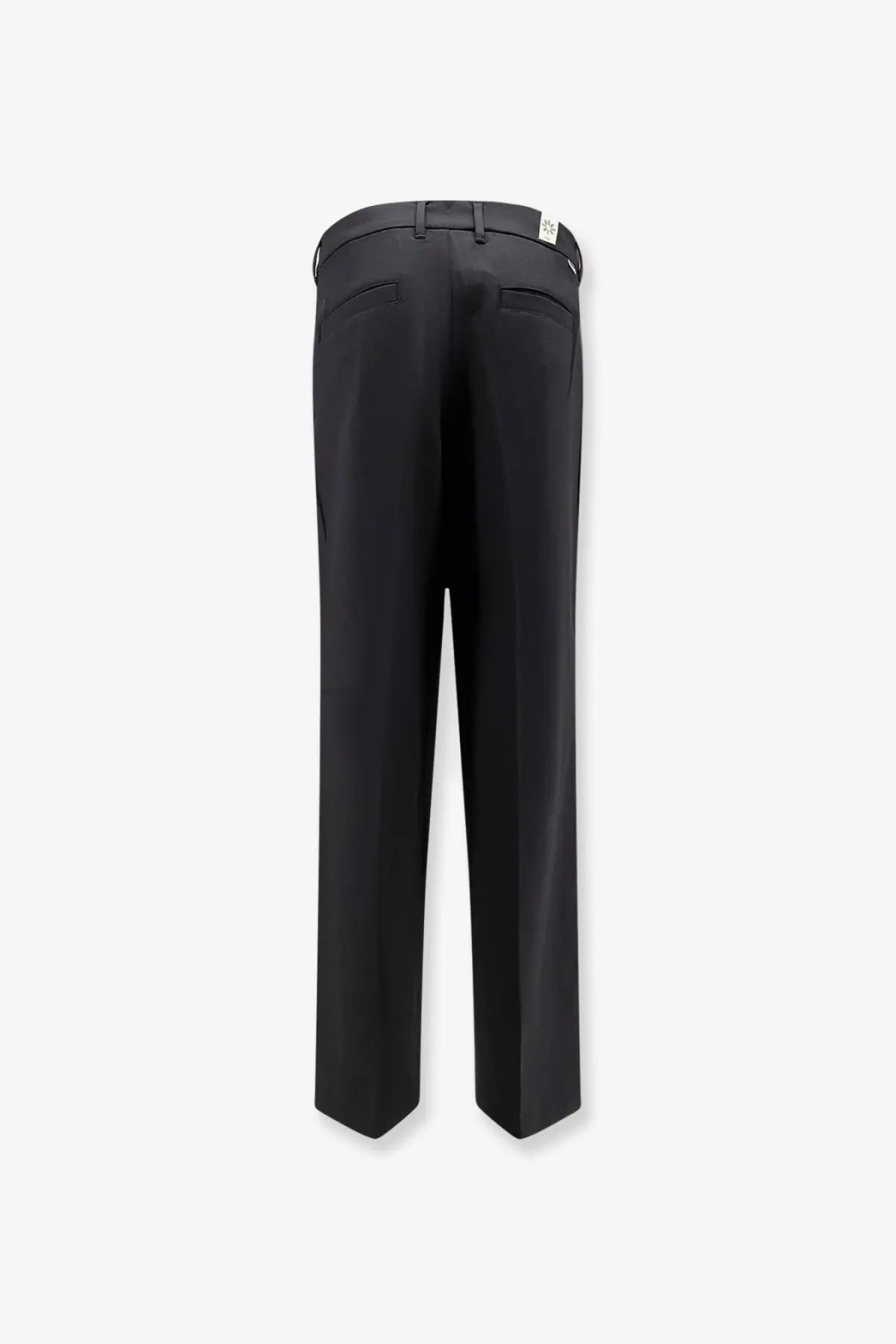 Black tailored woodbird men’s viscose blend trousers with sleek straight-leg cut and subtle back pleats shown from back