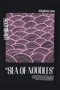 Woodbird men’s black organic cotton t-shirt with pink wave pattern and hongkong 1984 sea of noodles text design