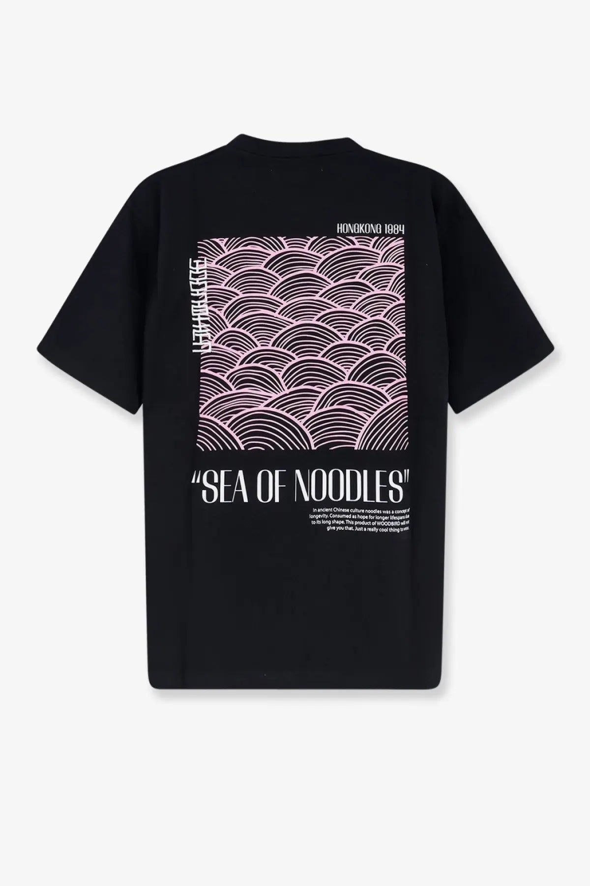 Woodbird mens wbbaine sea organic cotton black t shirt with pink wave pattern and white sea of noodles hongkong 1984 text