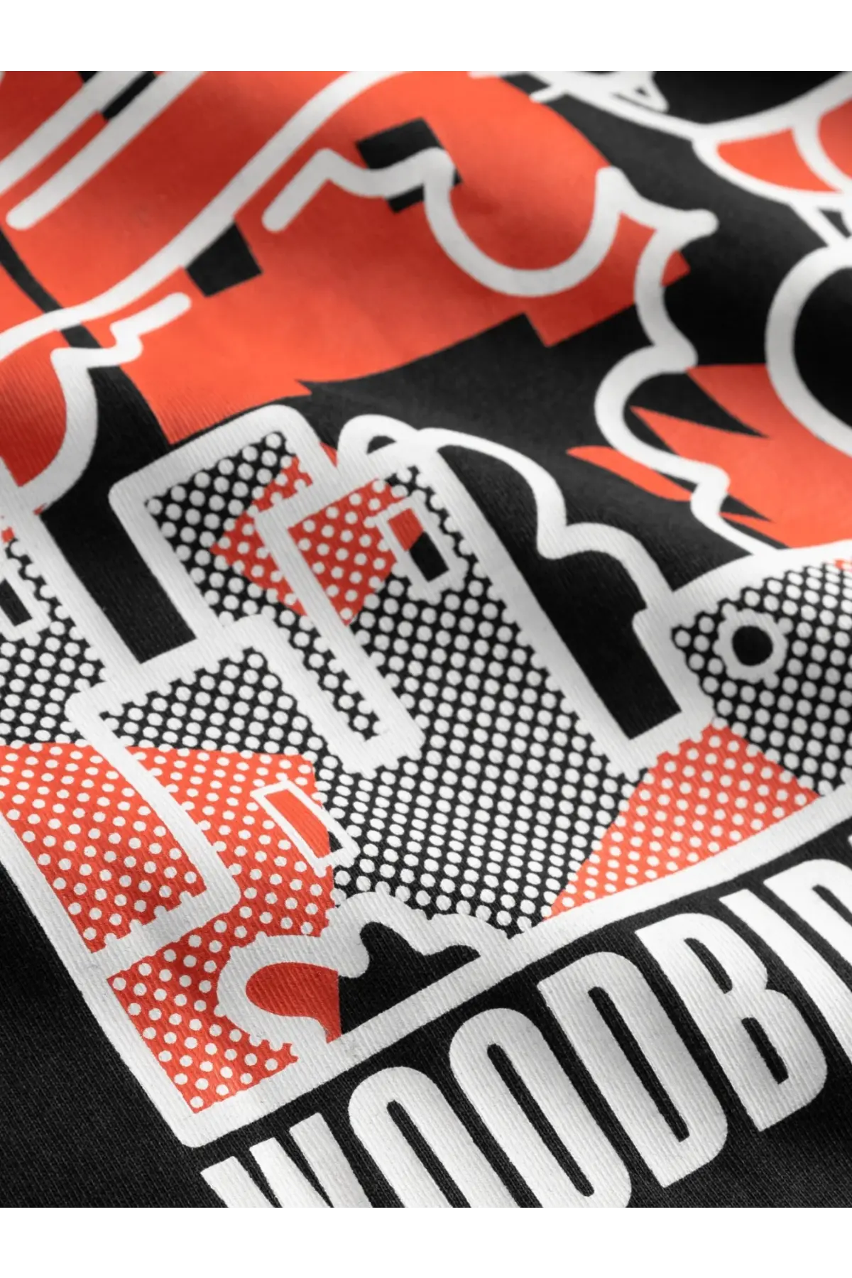 Woodbird men’s wbbaine zilla tee black cotton t-shirt with bold orange and white graphic print and dot-matrix patterns