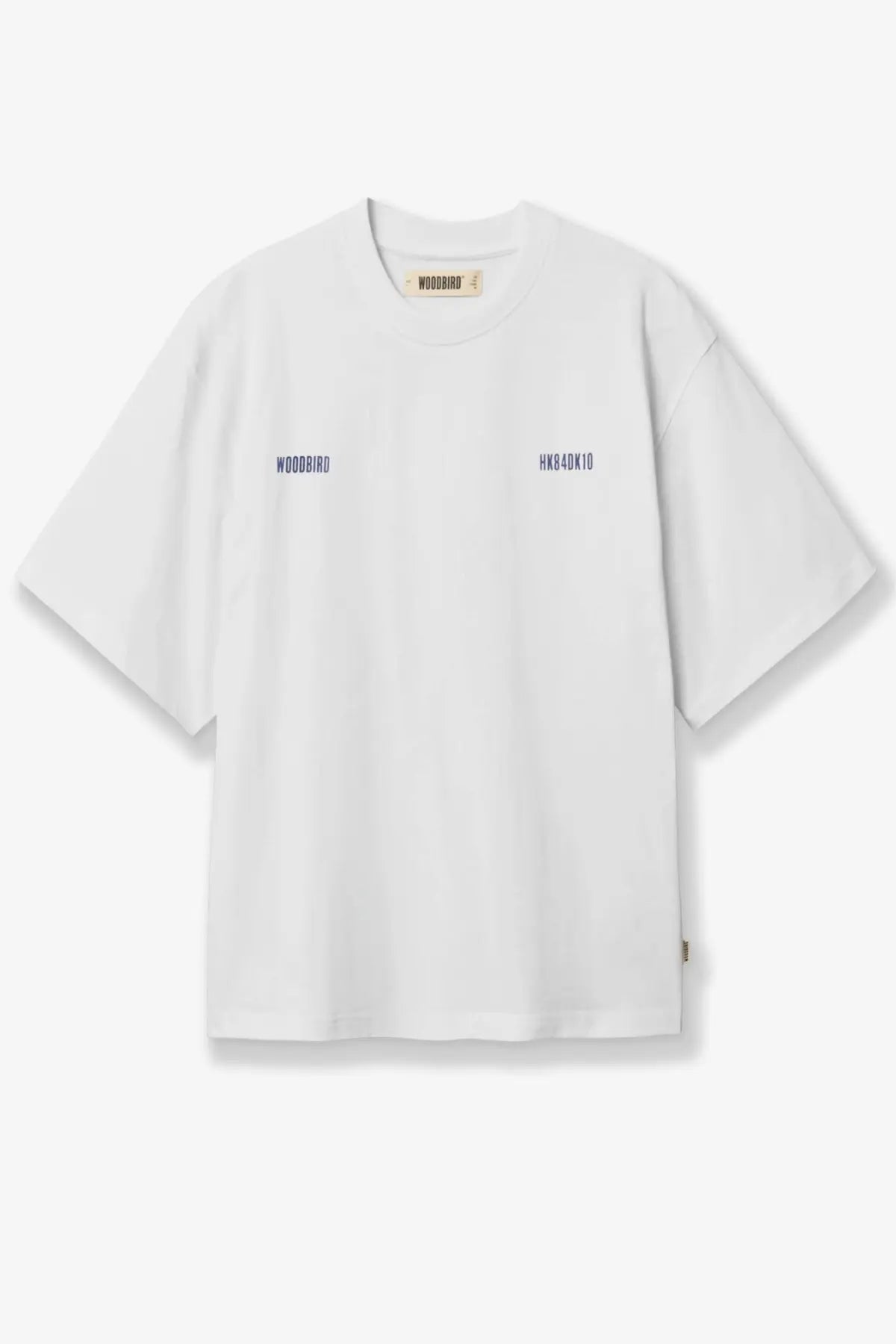 Woodbird men’s wbbaine zilla oversized white cotton t shirt with subtle navy text and beige brand tag at neckline