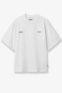 Woodbird men’s wbbaine zilla oversized white cotton t shirt with subtle navy text and beige brand tag at neckline