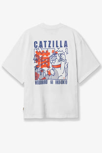 Woodbird men’s white cotton t-shirt with bold blue and orange catzilla graphic and catzilla text on front