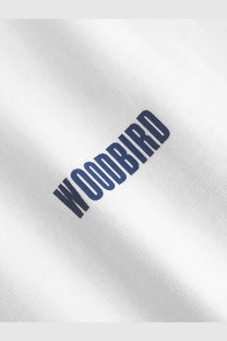 White cotton Woodbird men’s Wbbaine Zilla tee shirt with bold navy blue Woodbird logo embroidered on chest