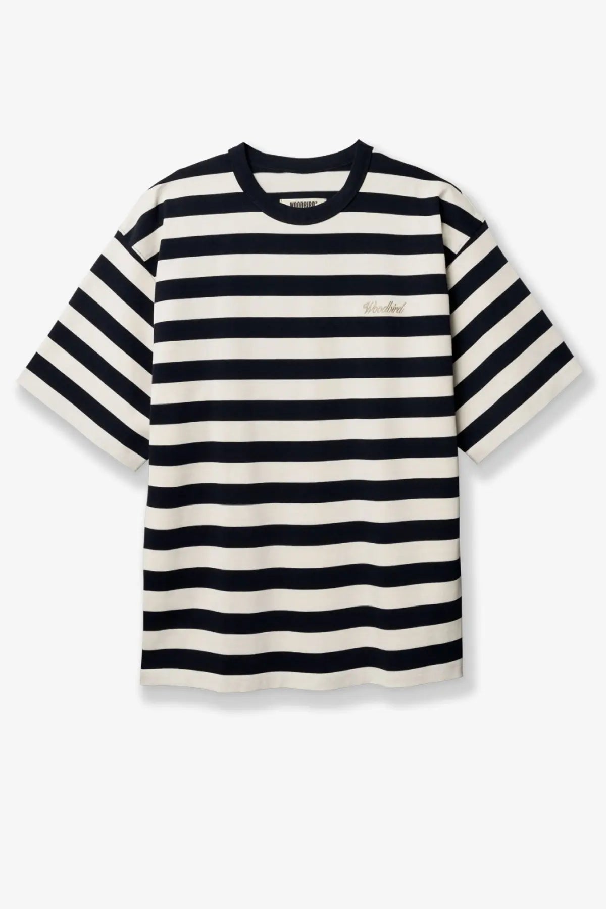 Woodbird men’s wbbeam organic cotton shirt blue black and white striped short sleeve with subtle chest logo