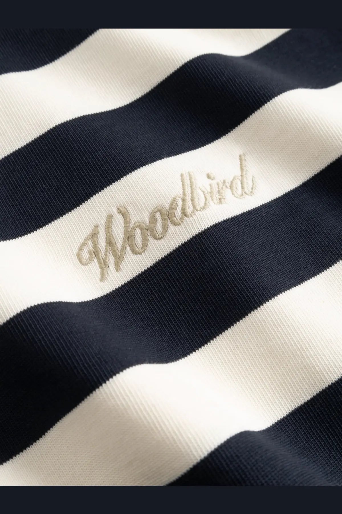 Woodbird men’s wbbeam organic cotton shirt blue with navy and white stripes and metallic woodbird embroidery on cream stripe