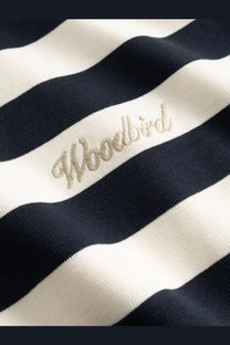 Woodbird men’s wbbeam organic cotton shirt blue with navy and white stripes and metallic woodbird embroidery on cream stripe