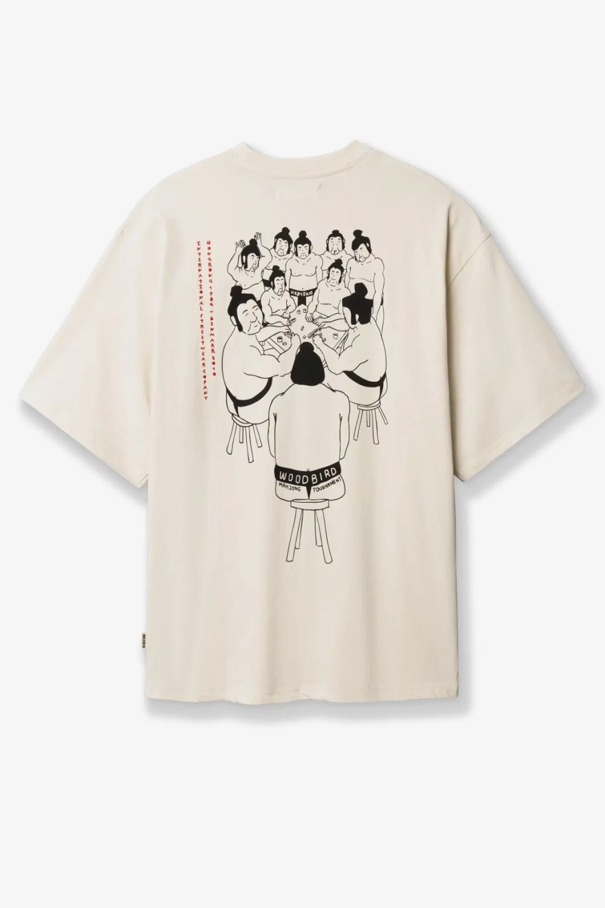 Beige Woodbird men’s cotton t-shirt featuring black line-art sumo wrestlers around a table design