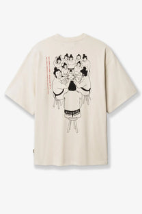 Beige Woodbird men’s cotton t-shirt featuring black line-art sumo wrestlers around a table design