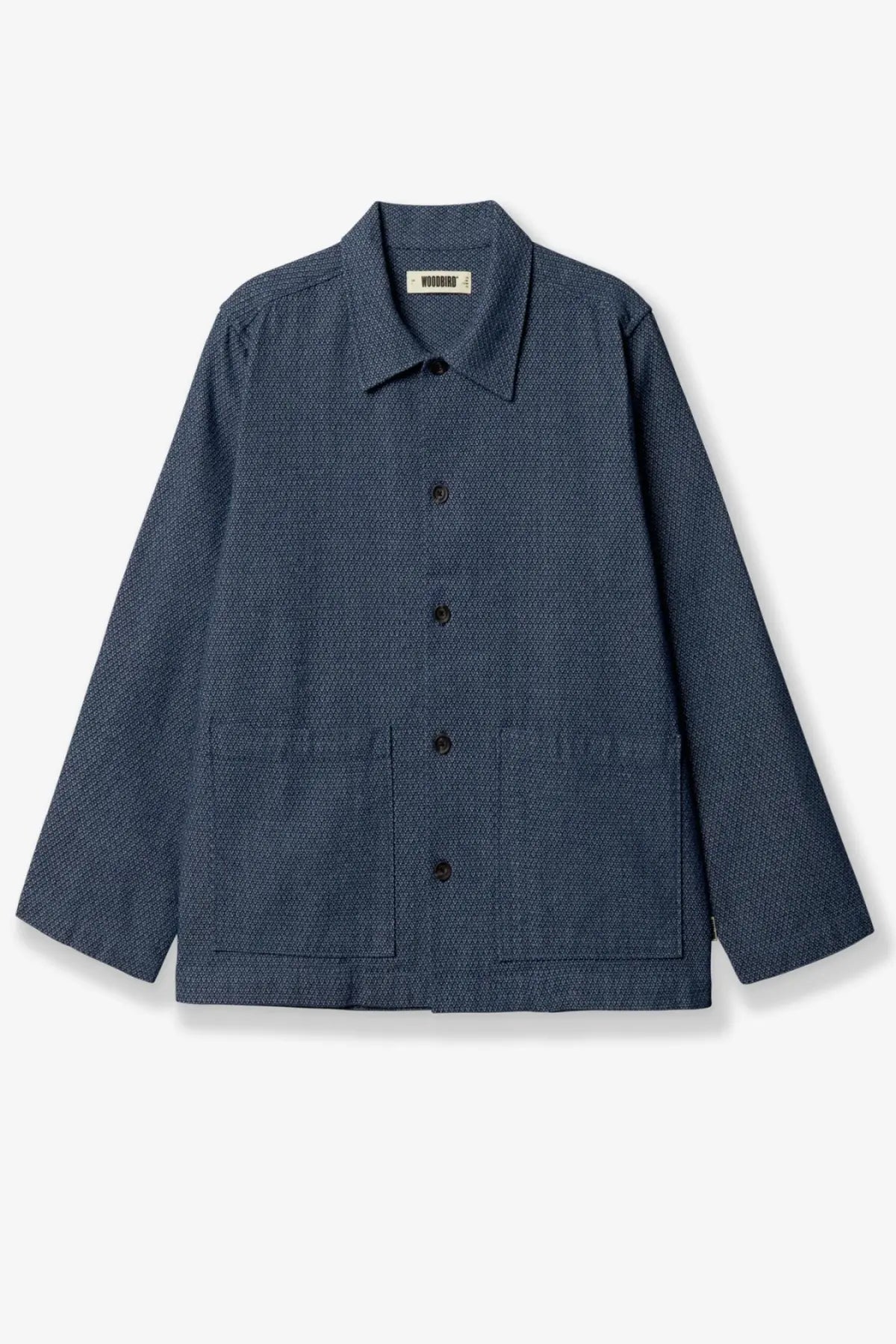Woodbird men’s wbblade needle denim jacket blue navy textured fabric black buttons two front patch pockets