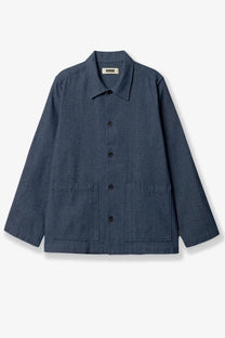 Woodbird men’s wbblade needle denim jacket blue navy textured fabric black buttons two front patch pockets
