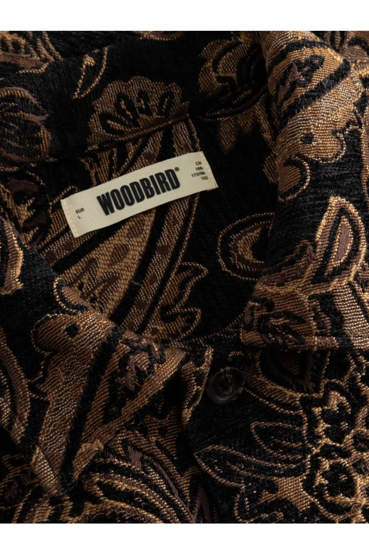 Woodbird men’s wbblade rong jacket brown with black and gold paisley-patterned textured woven fabric